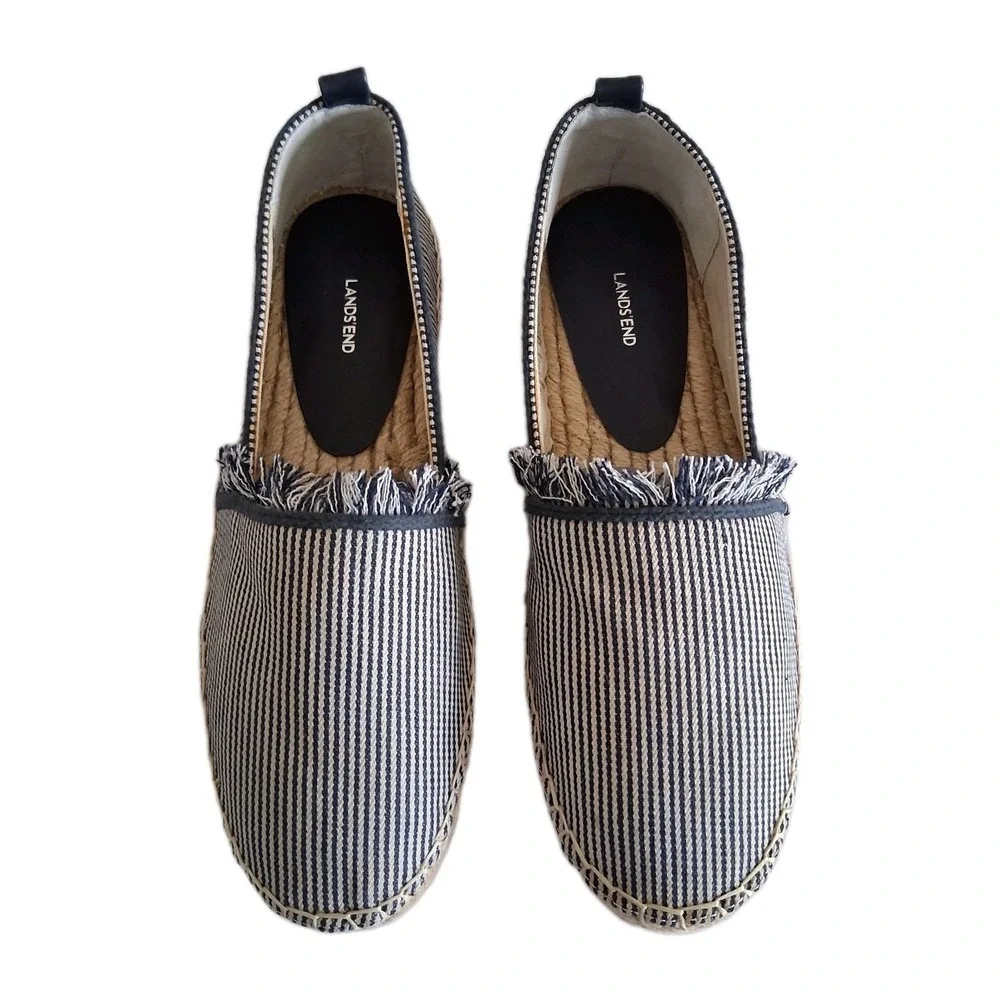 LANDS END Womens Slip-On Espadrille Flats Blue/White Fringe Denim Canvas Sz 8.5B